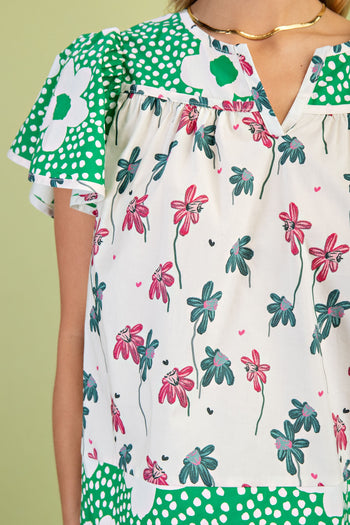 GiGio Mixed Floral Print Top in Green Mix