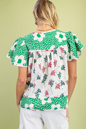 GiGio Mixed Floral Print Top in Green Mix