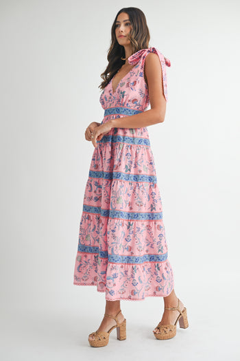MABLE Shoulder Tie Floral Print Midi Dress in Pink M MABLE Shoulder Tie Floral Print Midi Dress in Pink M