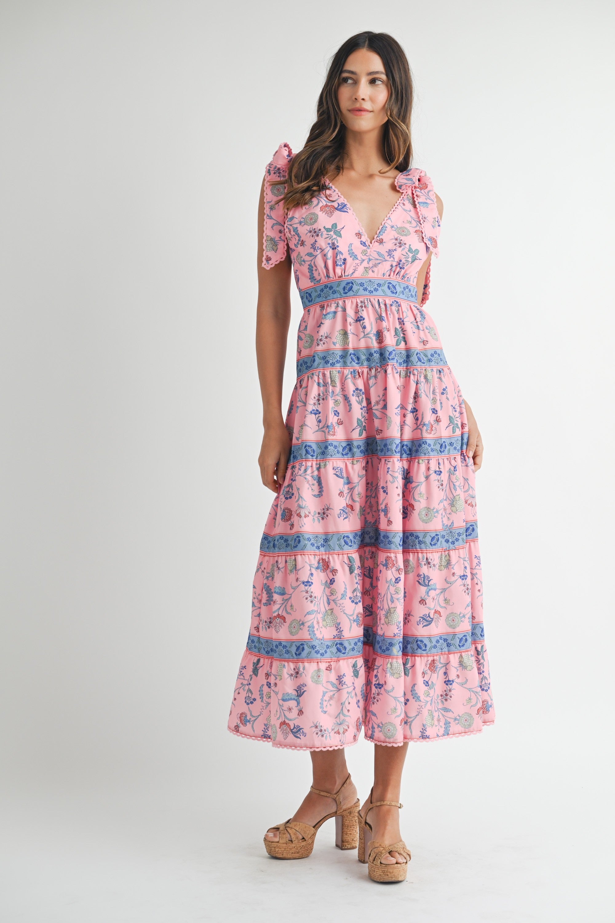 MABLE Shoulder Tie Floral Print Midi Dress in Pink L at June Adel