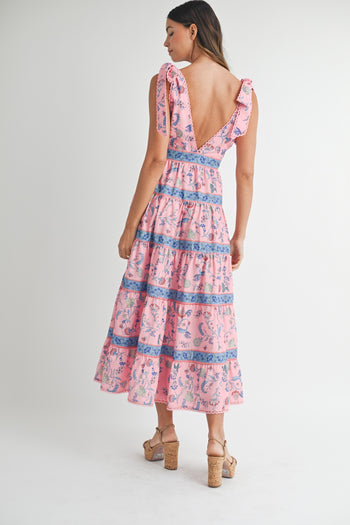 MABLE Shoulder Tie Floral Print Midi Dress in Pink