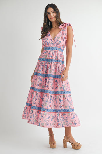 MABLE Shoulder Tie Floral Print Midi Dress in Pink