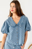 TRENDiLiTY Washed Denim Textured Bow Pattern Top in Denim