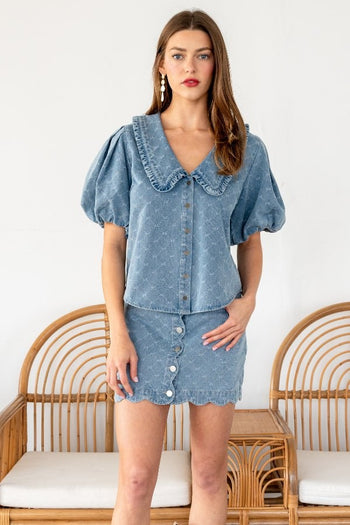 TRENDiLiTY Washed Denim Textured Bow Pattern Top in Denim