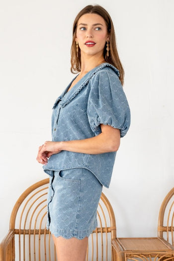 TRENDiLiTY Washed Denim Textured Bow Pattern Top in Denim