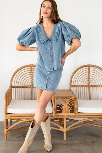 TRENDiLiTY Washed Denim Textured Bow Pattern Top in Denim