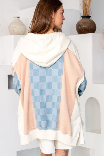 TRENDiLiTY Mineral Washed French Terry and Checkered Denim Jacket in Ivory Mix