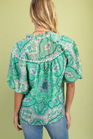 GiGio Medallion Print Top with Ric Rac Trim in Green Mix