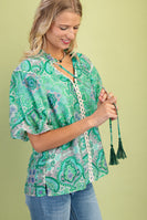 GiGio Medallion Print Top with Ric Rac Trim in Green Mix