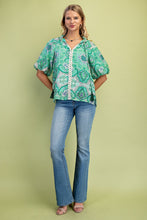 Load image into Gallery viewer, GiGio Medallion Print Top with Ric Rac Trim in Green Mix

