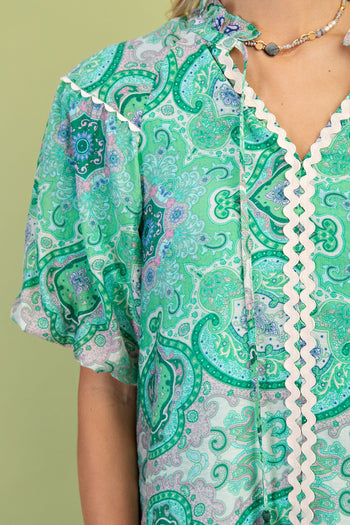 GiGio Medallion Print Top with Ric Rac Trim in Green Mix