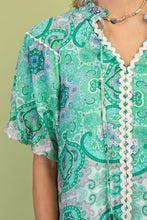 Load image into Gallery viewer, GiGio Medallion Print Top with Ric Rac Trim in Green Mix
