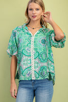 GiGio Medallion Print Top with Ric Rac Trim in Green Mix