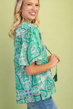 Load image into Gallery viewer, GiGio Medallion Print Top with Ric Rac Trim in Green Mix
