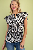 GiGio Silky Mixed Print Top in Black