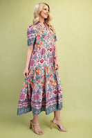 GiGio Mixed Print Tiered Midi Dress in Blush Mix