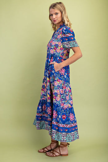 GiGio Mixed Print Tiered Midi Dress in Cobalt Mix