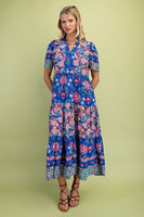 GiGio Mixed Print Tiered Midi Dress in Cobalt Mix