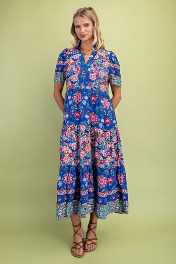 GiGio Mixed Print Tiered Midi Dress in Cobalt Mix