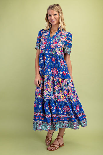 GiGio Mixed Print Tiered Midi Dress in Cobalt Mix