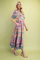 GiGio Mixed Print Tiered Midi Dress in Blush Mix