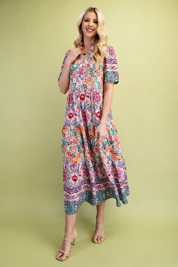 GiGio Mixed Print Tiered Midi Dress in Blush Mix