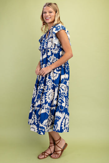 GiGio Printed Tiered Midi Dress in Cobalt Mix