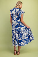 GiGio Printed Tiered Midi Dress in Cobalt Mix
