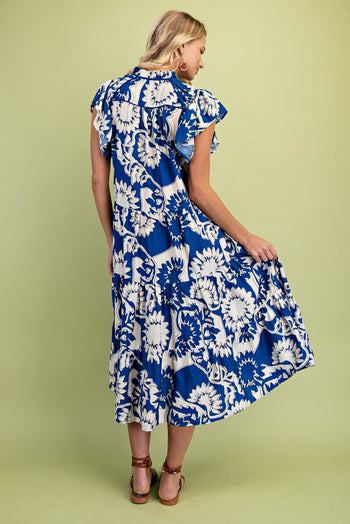 GiGio Printed Tiered Midi Dress in Cobalt Mix