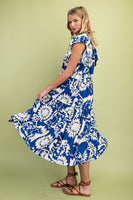 GiGio Printed Tiered Midi Dress in Cobalt Mix
