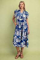 GiGio Printed Tiered Midi Dress in Cobalt Mix