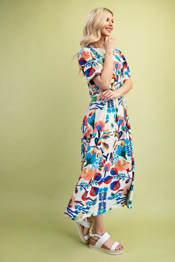 GiGio Bold Color Floral Print Midi Dress in Blue Multi