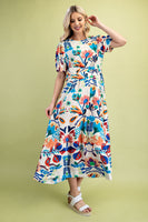 GiGio Bold Color Floral Print Midi Dress in Blue Multi