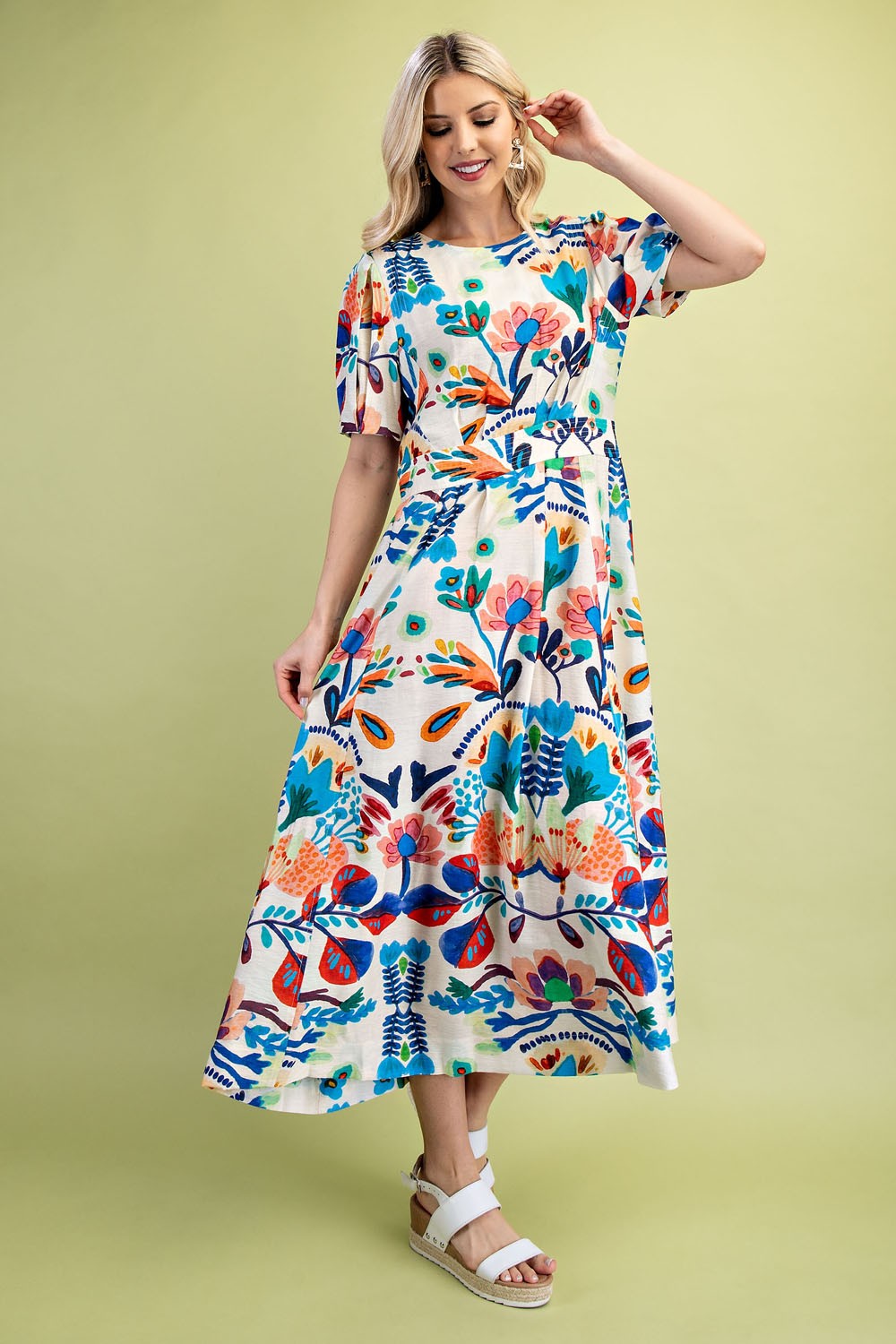 GiGio Bold Color Floral Print Midi Dress in Blue Multi