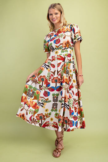 GiGio Bold Color Floral Print Midi Dress in Brown Multi
