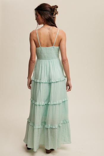 Listicle Sweetheart Neckline Tiered Maxi Dress in Aqua Mint June Adel Listicle Sweetheart Neckline Tiered Maxi Dress in Aqua Mint June Adel