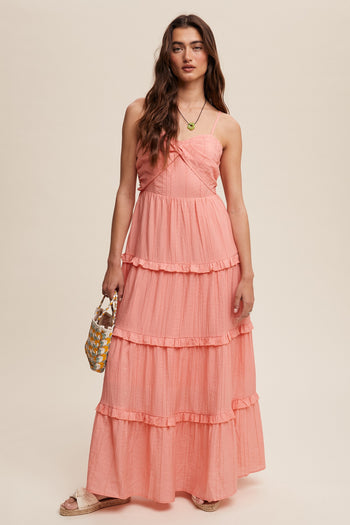 Listicle Sweetheart Neckline Tiered Maxi Dress in Peach Coral