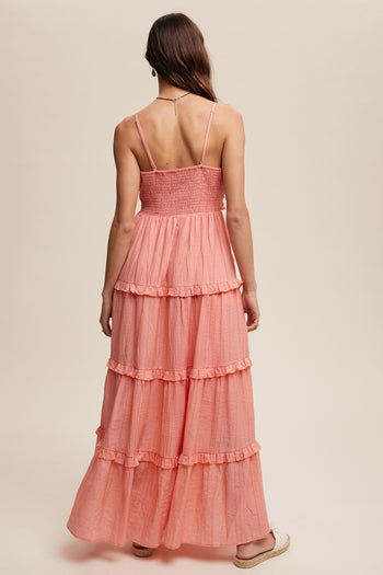 Listicle Sweetheart Neckline Tiered Maxi Dress in Peach Coral