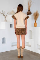 TRENDiLiTY French Terry Top with Leopard Bow and Flutter Sleeves in Ecru