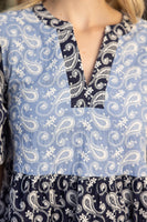 VOY Color Block Dress with Paisley Embroidery in Blue