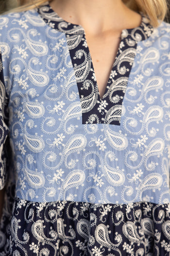 VOY Color Block Dress with Paisley Embroidery in Blue