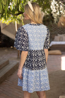 VOY Color Block Dress with Paisley Embroidery in Blue