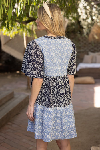 VOY Color Block Dress with Paisley Embroidery in Blue