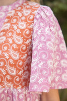 VOY Color Block Dress with Paisley Embroidery in Rust