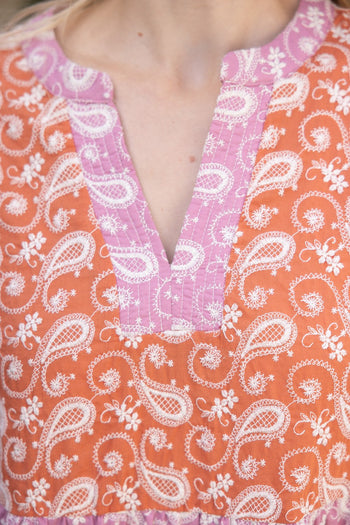 VOY Color Block Dress with Paisley Embroidery in Rust
