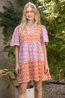 VOY Color Block Dress with Paisley Embroidery in Rust