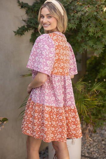 VOY Color Block Dress with Paisley Embroidery in Rust