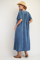 Easel Washed Denim Maxi Dress in Dark Denim
