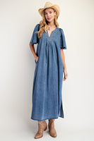 Easel Washed Denim Maxi Dress in Dark Denim