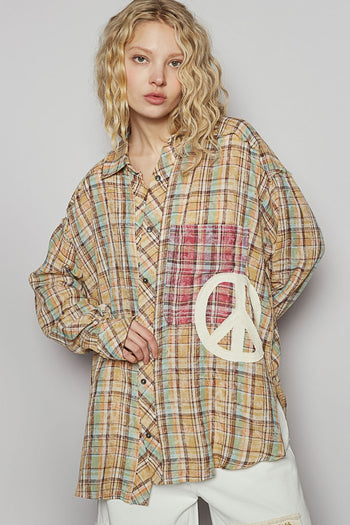 POL OVERSIZED Plaid Top with Peace Sign Patches in Tan Multi